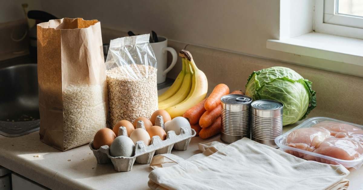 A modest week of groceries for one person laid out on a small apartment counter: a bag of rice, oats, eggs, bananas, carrots, a cabbage, canned beans and a pack of chicken thighs, illustrating sticking to a $300 a month grocery budget in Canada.