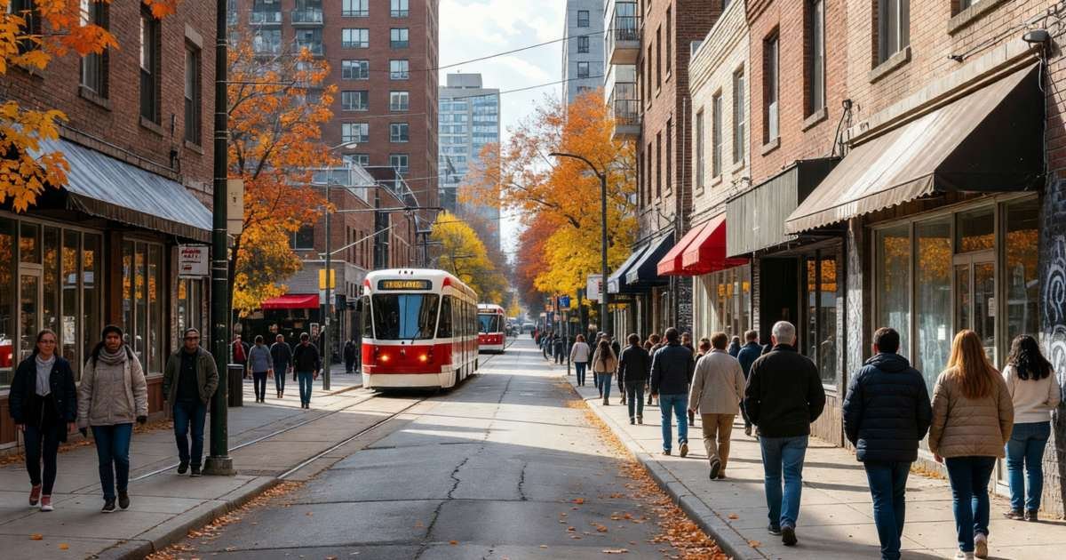 A busy city street of mid-rise apartment buildings and corner shops with a streetcar passing, illustrating whether the 50/30/20 budget works in Canadian cities.