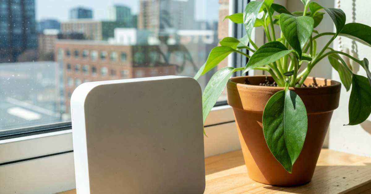 A small plain white wireless home internet receiver on a sunny windowsill beside a potted plant, illustrating 5G home internet versus fibre or cable in Canada.