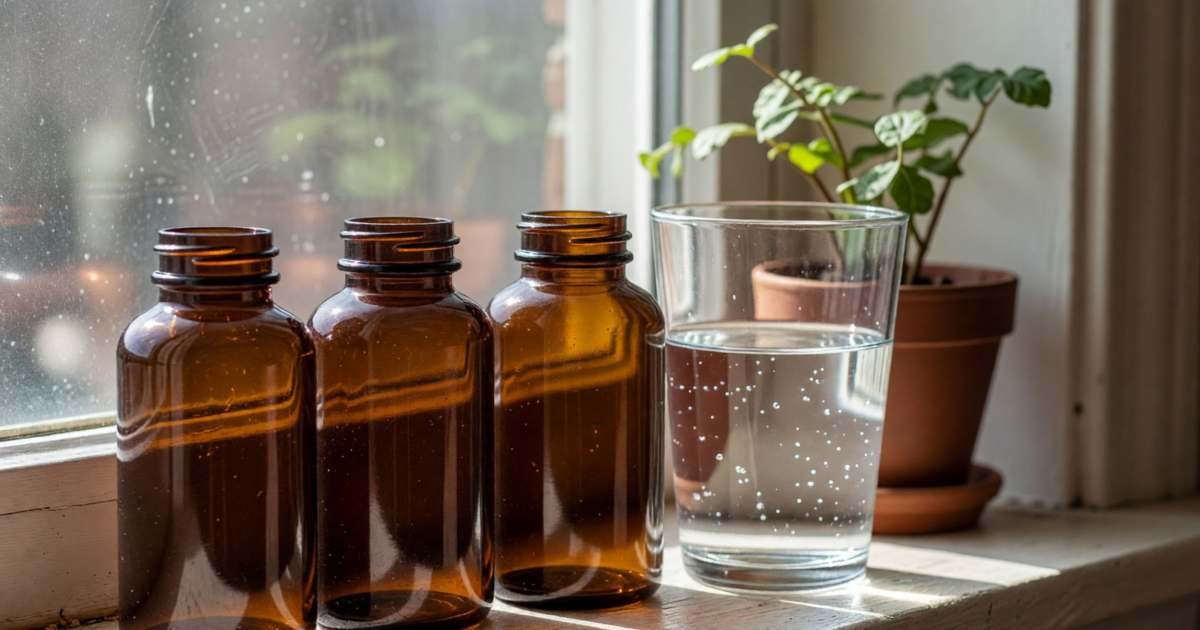 Three large plain amber pill bottles lined up on a kitchen windowsill beside a glass of water, illustrating 90- and 100-day prescription fills to cut dispensing fees.