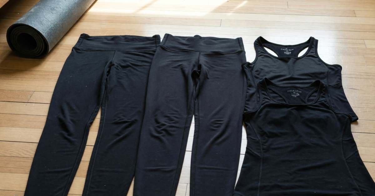 Three pairs of black leggings and two workout tops laid flat side by side on a bedroom floor, illustrating judging activewear dupes in Canada.