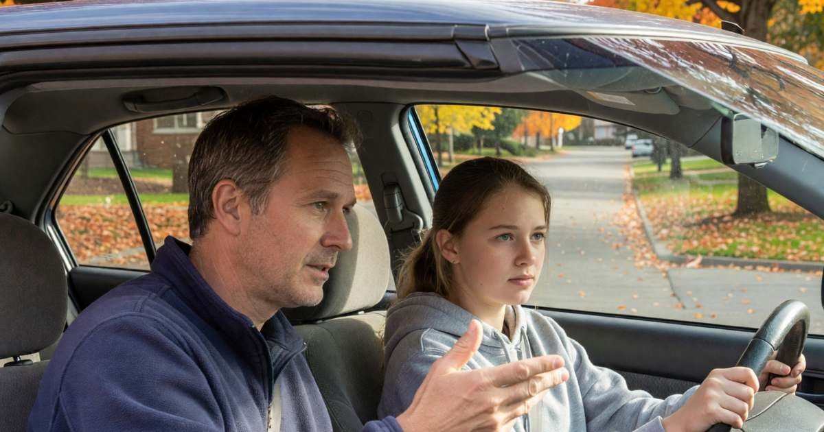 A father in the passenger seat of a car giving driving advice to his teenage daughter at the wheel, illustrating adding a teen driver to car insurance in Canada.