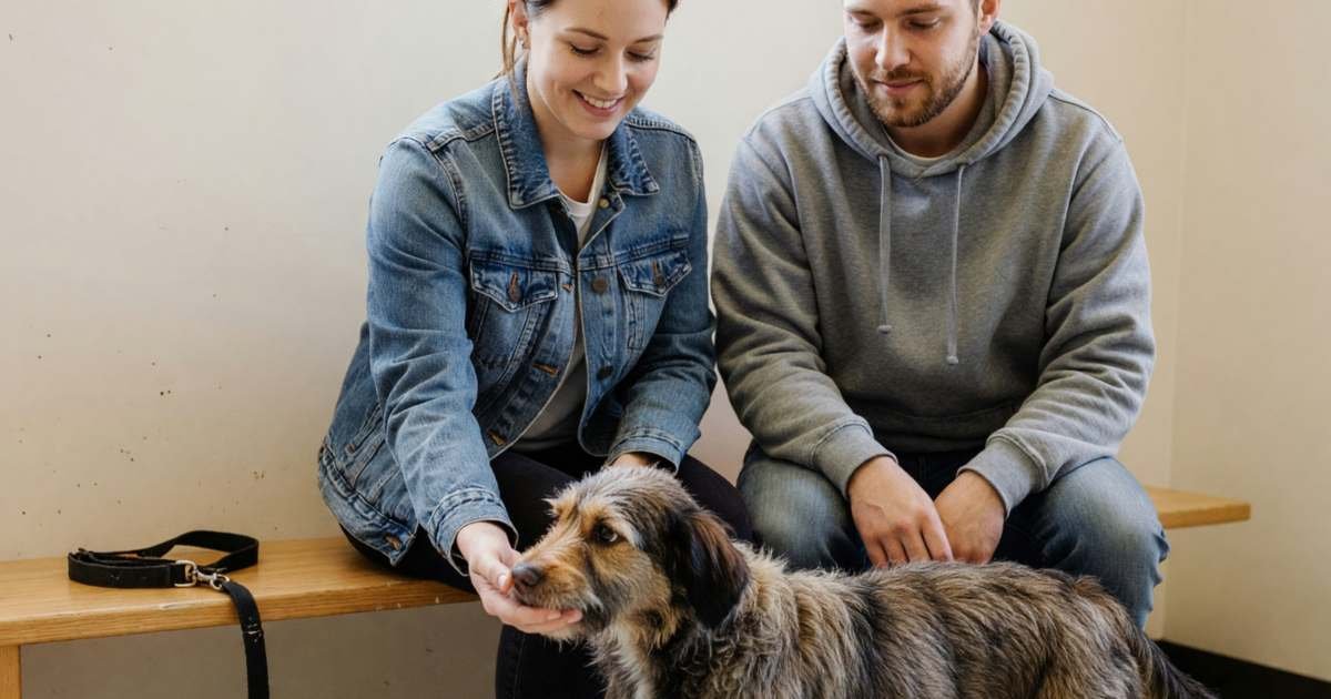 A young couple meeting a scruffy mixed-breed dog in an animal shelter visiting room, the dog sniffing the woman's hand, illustrating adoption versus breeder first-year costs in Canada.