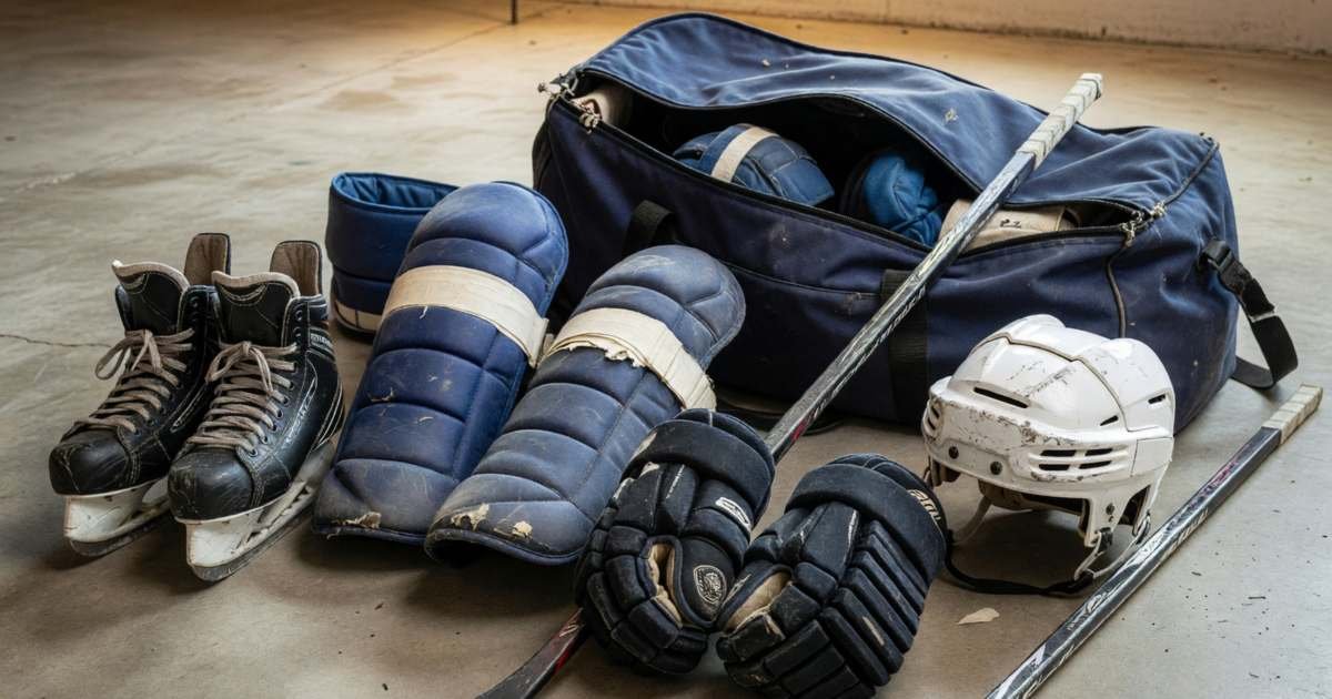 A set of used adult hockey gear laid out on a basement floor: skates, shin pads, gloves, a helmet, a stick and a gear bag, illustrating buying adult hockey gear used vs new in Canada.