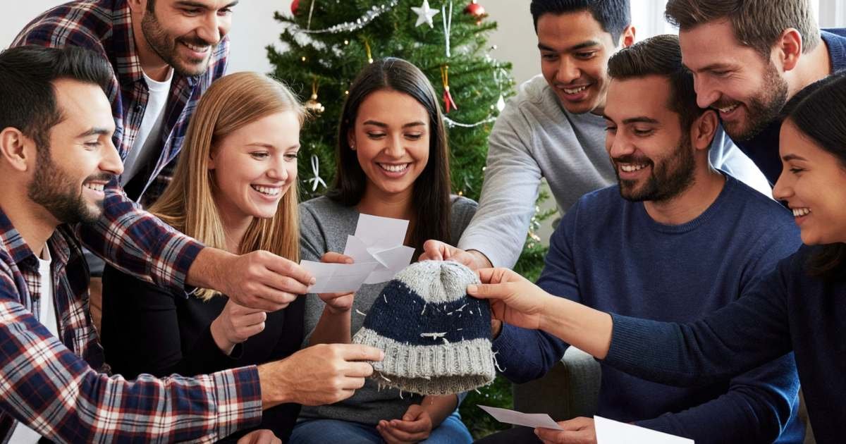 A group of adult siblings and partners drawing names from a knitted toque for a family Secret Santa, illustrating adult holiday gift budgets and Secret Santa in Canada.