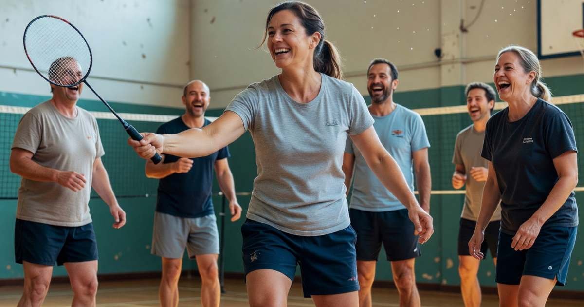 A woman in her forties playing doubles badminton in a community gym, illustrating adult physical activity tax credits by province.