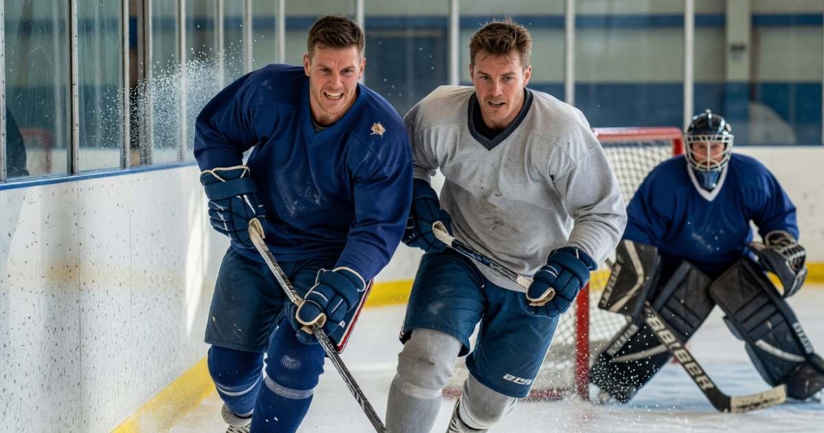 Mid-game action in an adult recreational hockey game, two players in mismatched plain jerseys chasing the puck along the boards while a goalie crouches in the net, illustrating adult rec hockey costs in Canada.