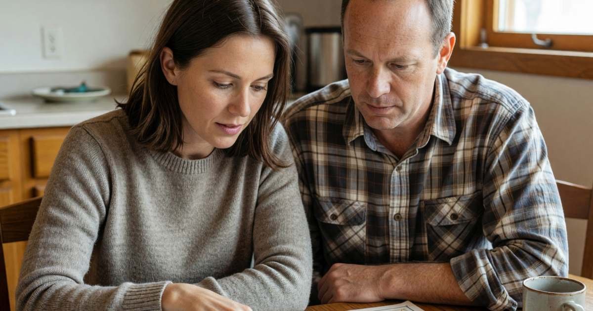 A couple at their kitchen table planning a trip with a paper map, the woman pointing at it, illustrating Aeroplan dynamic pricing pitfalls.