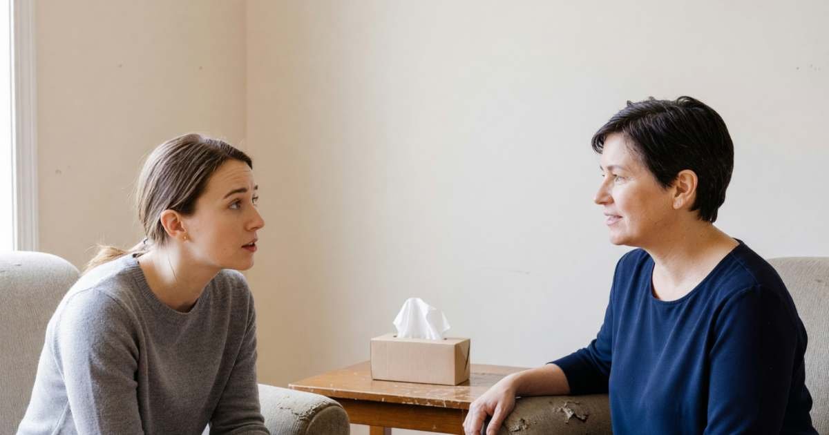 A young woman talking with a counsellor in a warm, plainly furnished therapy room, illustrating affordable therapy options in Canada.