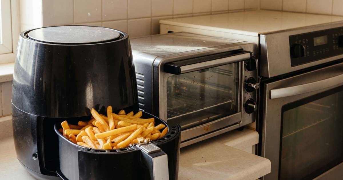 An air fryer, a toaster oven and a regular oven side by side in a kitchen, golden fries in a basket on the counter, illustrating air fryer versus oven versus toaster oven costs in Canada.