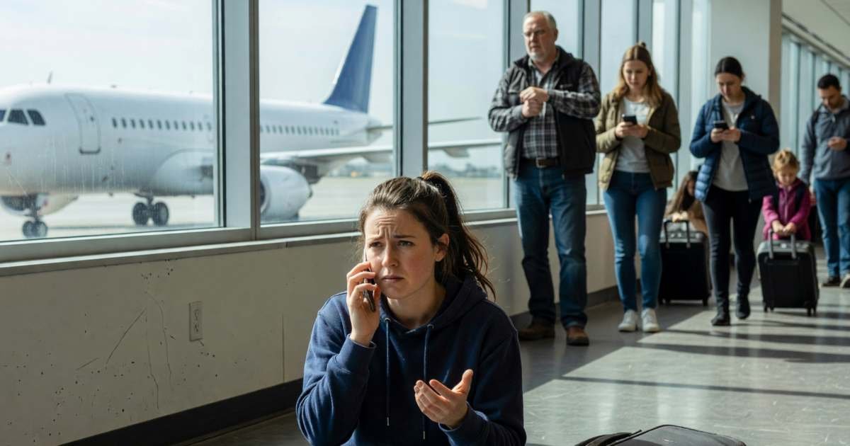 A frustrated traveller sitting on the floor of an airport gate area with her suitcase, on the phone, illustrating claiming air passenger protection compensation in Canada.