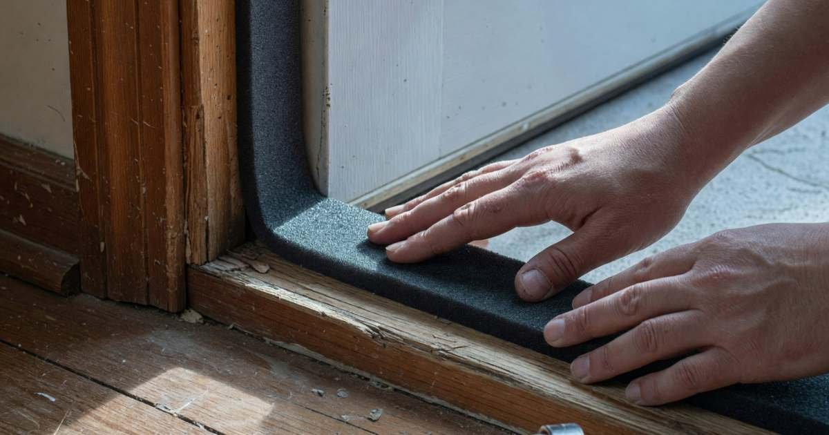 Hands pressing a strip of foam weatherstripping into the frame of an exterior door, illustrating DIY air sealing to fix the highest-impact drafts in Canadian homes.