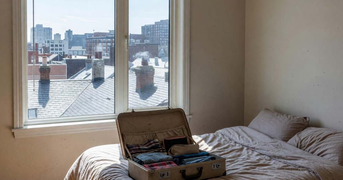 A cosy rental apartment bedroom with a city view, a suitcase open on the bed, illustrating Airbnb versus hotel all-in costs in Canada.