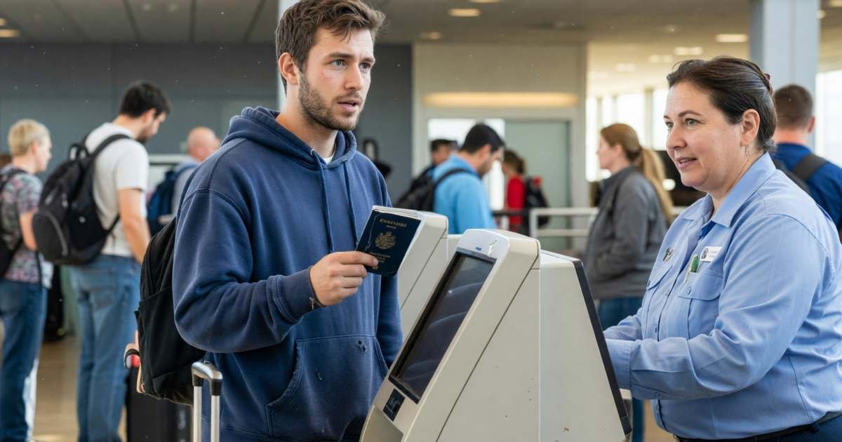 A young man at an airport check-in kiosk area talking to an agent, passport in hand, illustrating fixing airline booking mistakes before losing the fare.
