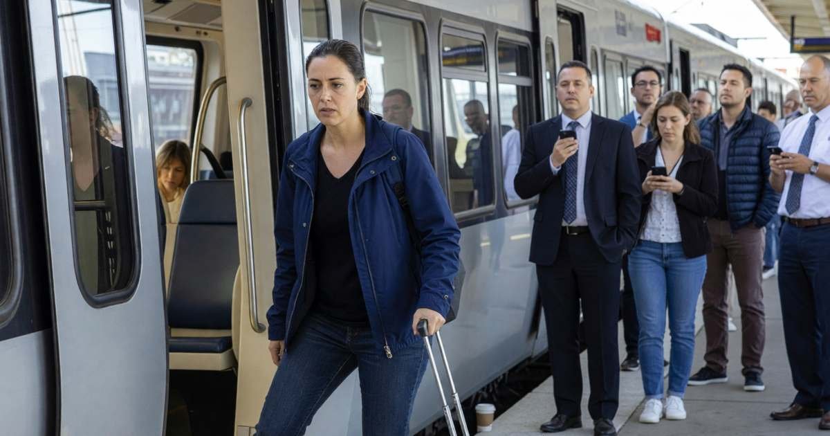 A woman with a suitcase boarding an airport express train, illustrating getting to Canadian airports cheaply.