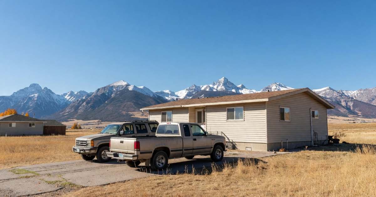 A pickup truck and an SUV parked in front of a house with the Rocky Mountains on the horizon, illustrating Alberta auto insurance reform and shopping checklist.