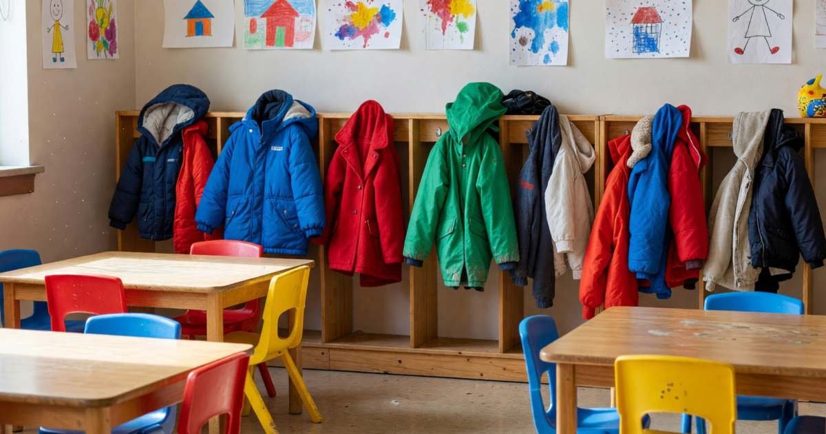 A bright daycare playroom with low tables, small chairs and cubbies with coats, illustrating Alberta child care costs in 2026.