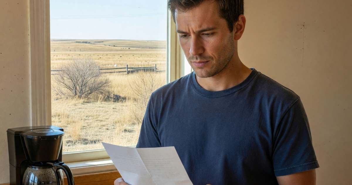 A man in his thirties standing at his kitchen counter reading a plain paper bill with a thoughtful look, illustrating comparing Alberta electricity retailers.