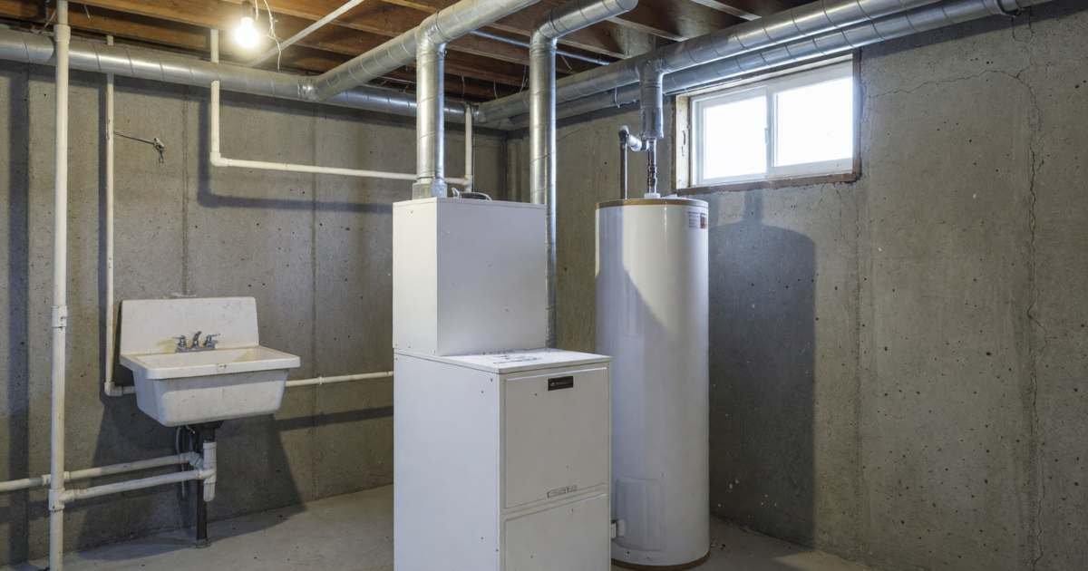 A gas furnace and water heater in a clean unfinished basement, illustrating Alberta natural gas default rate versus competitive contracts.