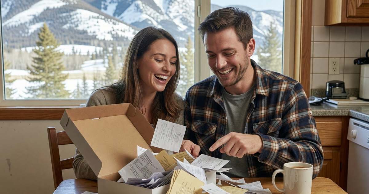 A couple in their thirties sorting a shoebox of receipts into piles at a kitchen table, laughing at the mess, illustrating Alberta personal tax quirks that affect household cash.
