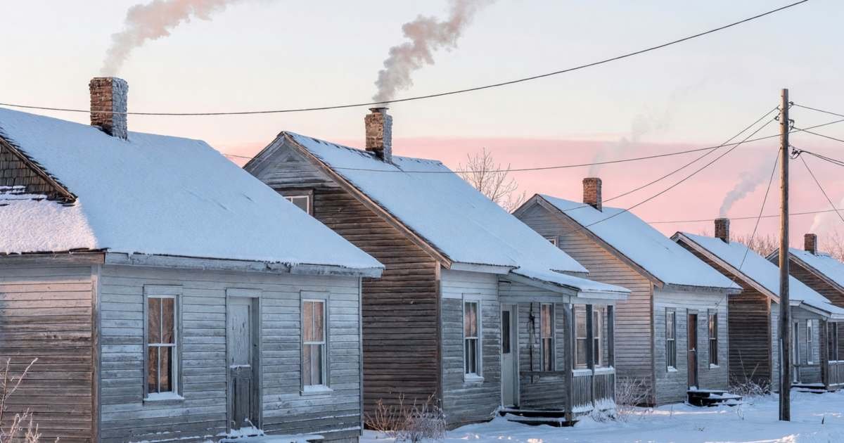 A row of prairie houses with smoke rising from chimneys on a frosty winter morning, illustrating Alberta Rate of Last Resort versus fixed electricity contracts.