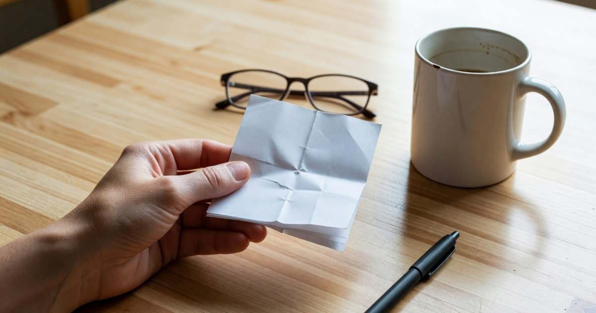 A hand holding a plain utility bill folded in thirds above a kitchen table, a pen beside it, illustrating Alberta utility bill fine print, admin fees and exit charges.