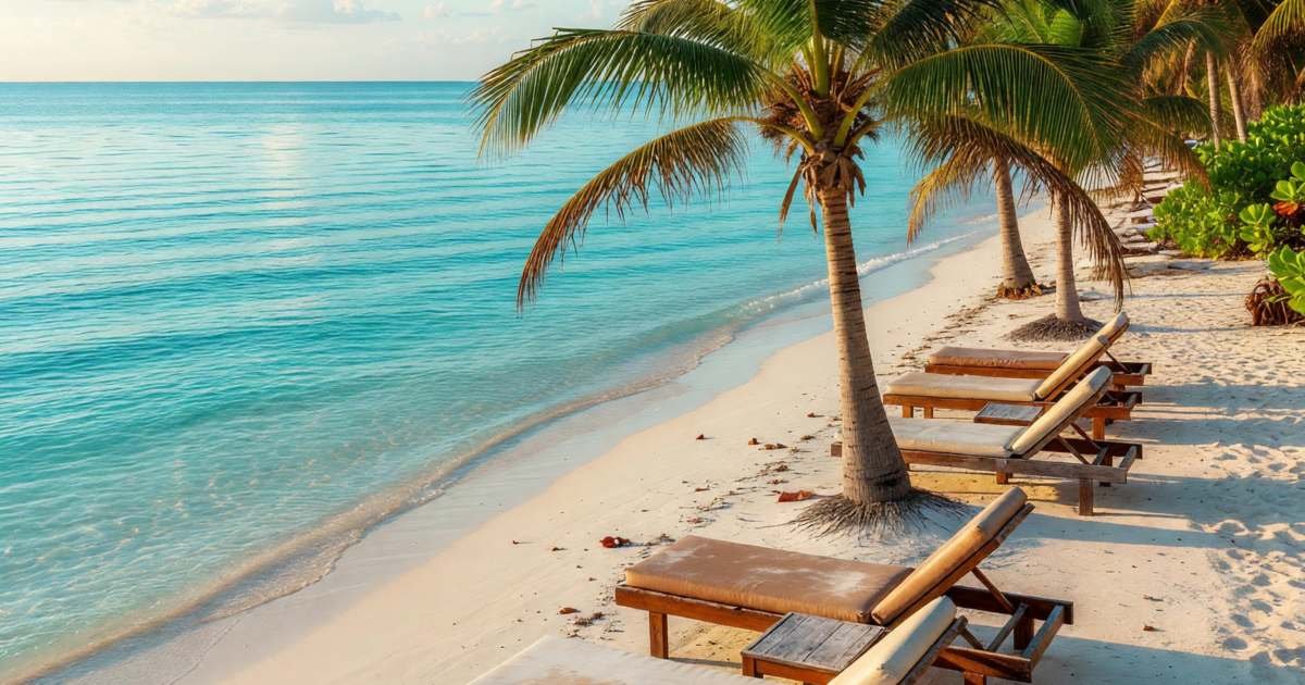 A quiet beach with palm trees, lounge chairs and turquoise water, illustrating all-inclusive Mexico versus booking it yourself from Canada.