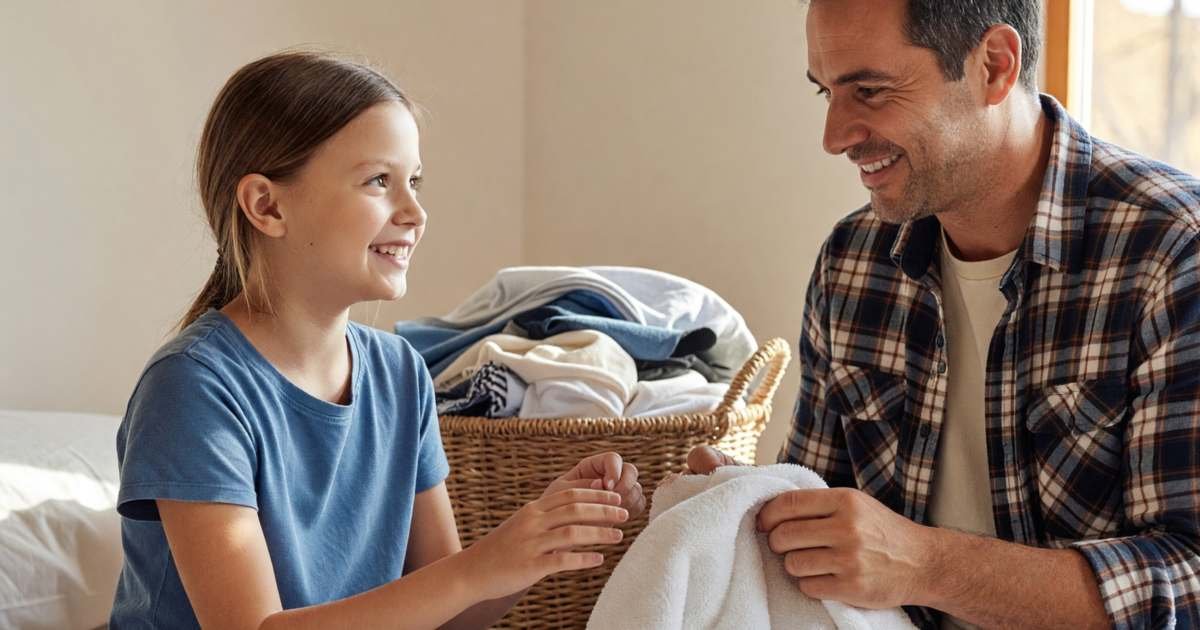 A girl of about ten folding laundry on a bed beside her father, both smiling as he shows her how to fold a towel, illustrating allowance, chores and teaching kids to budget.