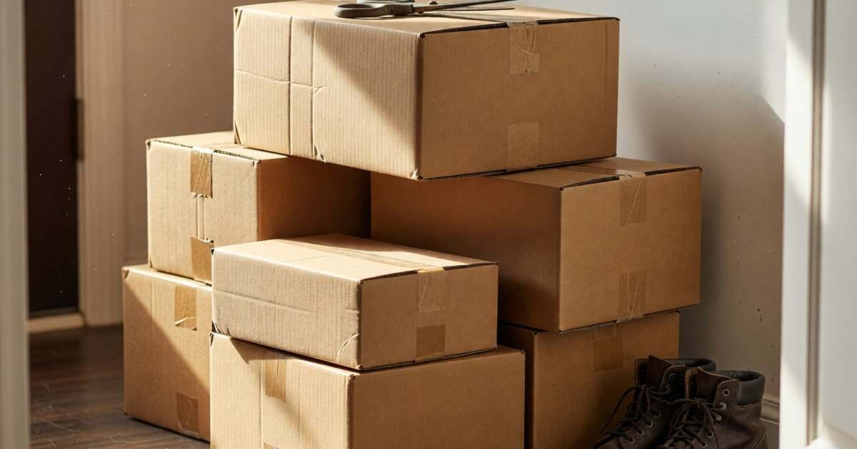 A pile of plain brown delivery boxes in a front hallway with a pair of scissors on top, illustrating spotting real household deals on Amazon Prime Big Deal Days.