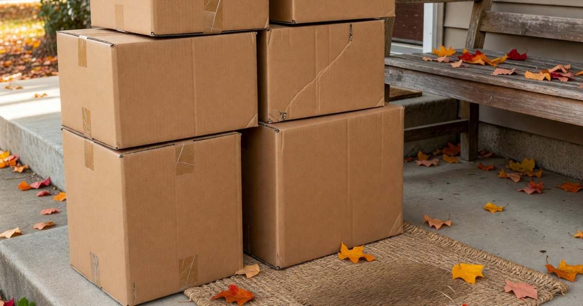 A stack of plain brown delivery boxes on the front porch of a house beside a doormat, illustrating Amazon Prime Canada annual versus monthly membership.
