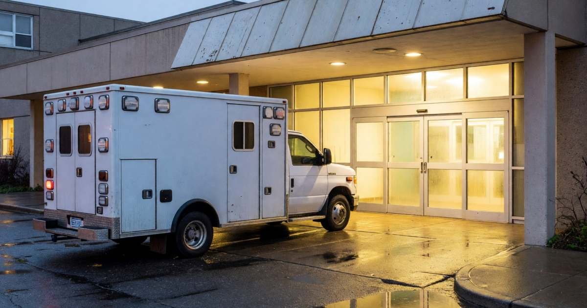 An ambulance parked at a hospital emergency entrance at dusk, illustrating what an ambulance ride costs in Canada.