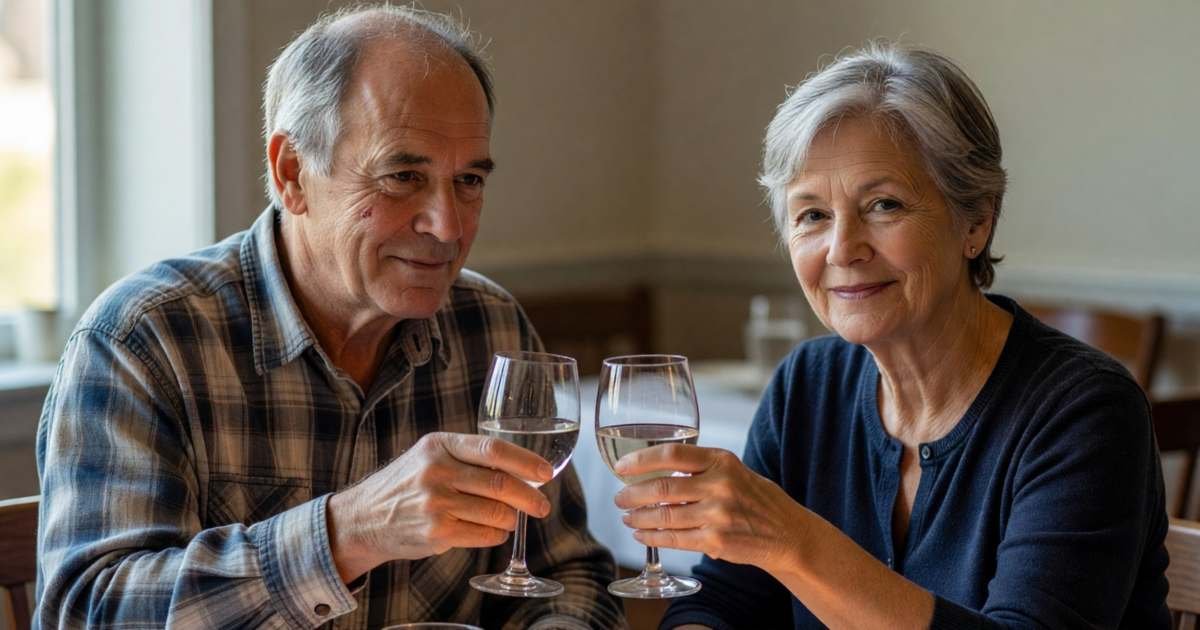 A couple in their sixties toasting at a quiet restaurant dinner for their anniversary, illustrating anniversary party versus trip versus dinner.