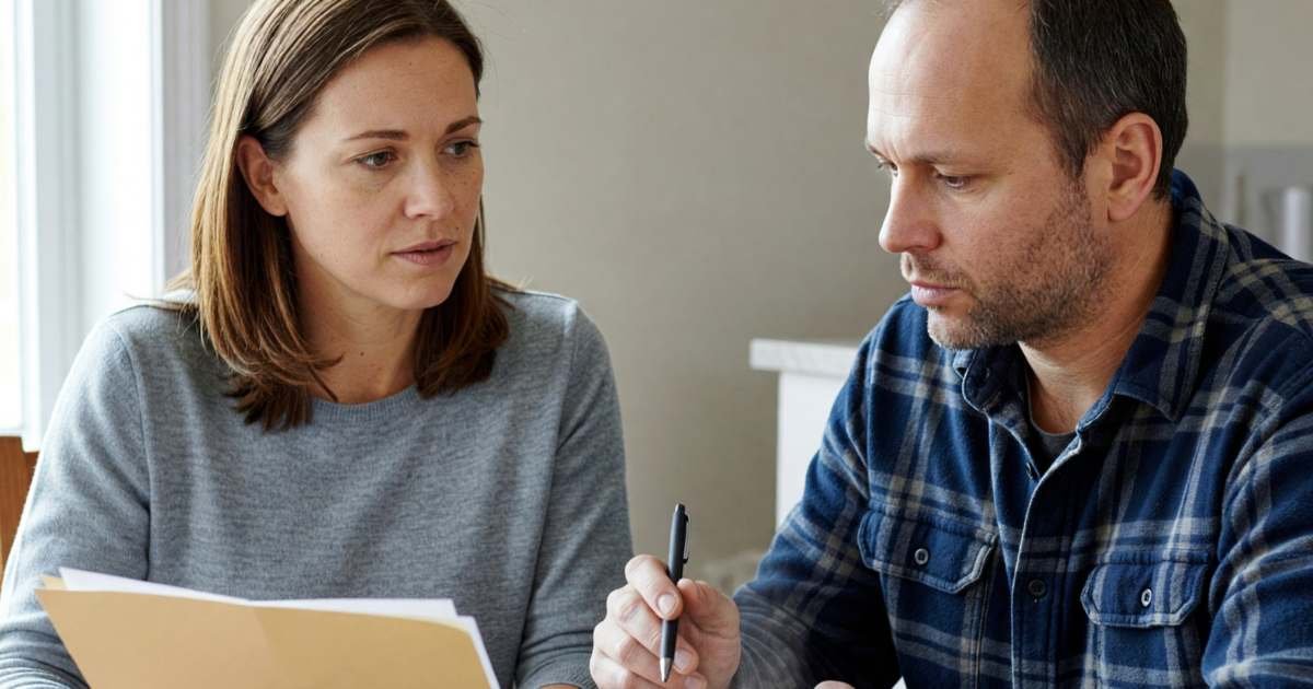 A couple in their forties at a dining table talking over their home and car insurance, the woman holding a closed manila folder and the man a pen, both thoughtful, illustrating an annual insurance review checklist for Canadian households.