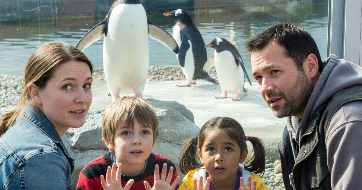 A family watching penguins through glass at a zoo, illustrating whether a zoo or science centre membership is worth it.