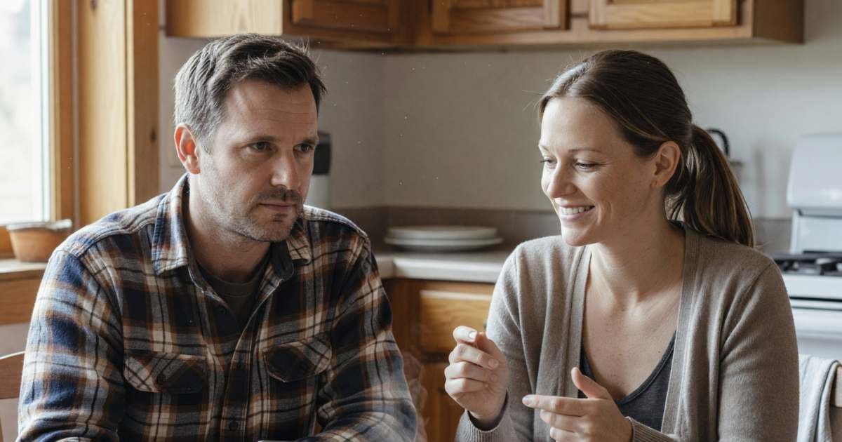 A couple at their kitchen table deciding on a yearly plan, one holding a phone face down, the other counting on her fingers with a smile, illustrating annual versus monthly subscriptions break-even.