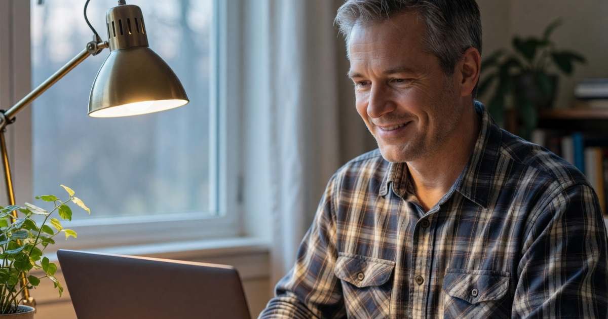 A man in a home office closing his laptop with a satisfied look, illustrating antivirus and VPN subscriptions in Canada.