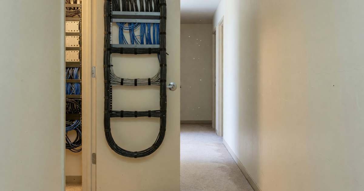 A condo building hallway with a telecom closet door open showing neat bundled cables, illustrating apartment and condo internet deals and bulk agreements.