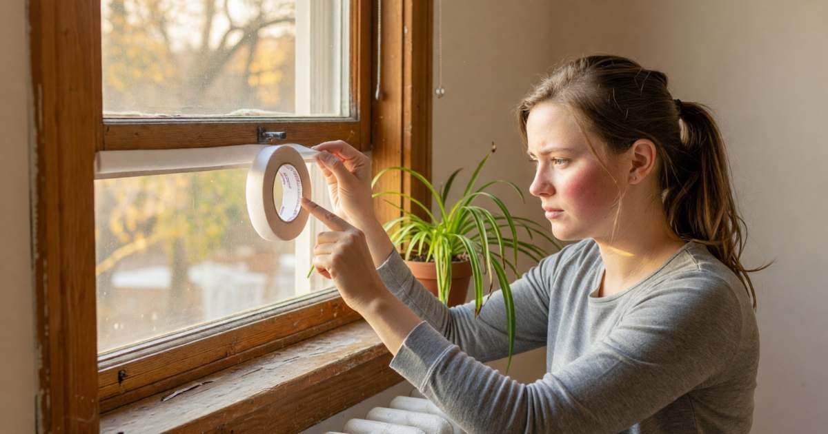 A young woman in a small rental apartment sealing a drafty window with removable weatherstripping tape, illustrating energy savings for Canadian renters that stay within lease rules.