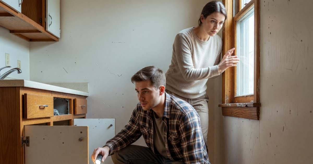 A young couple viewing an empty apartment, the man crouching to check under the kitchen sink with a flashlight while the woman looks at the window frame, illustrating an apartment viewing checklist for Canadian renters.
