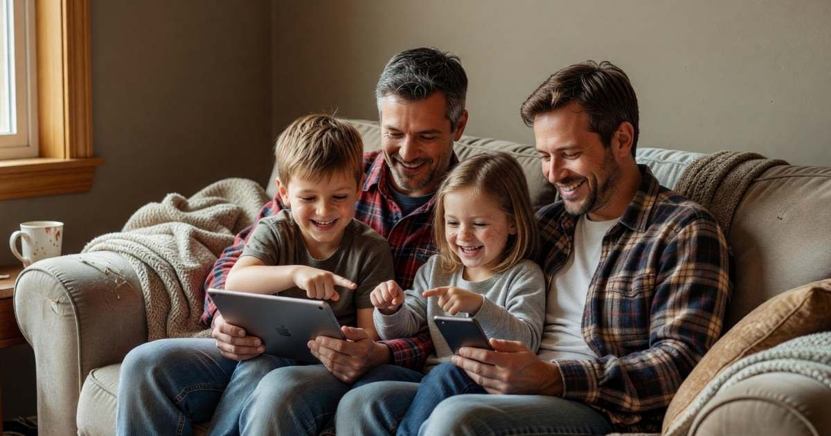 A family of four sitting on a sofa sharing a tablet and a phone, the kids pointing excitedly, illustrating Apple Family Sharing in Canada.