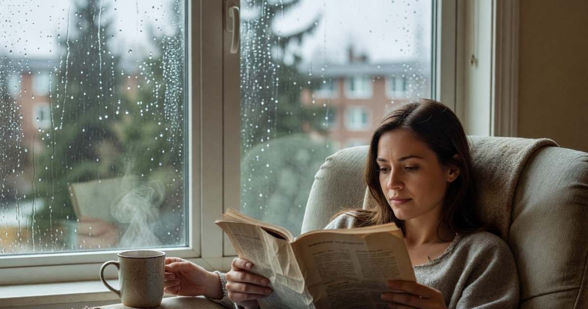 A woman curled up in an armchair reading a printed magazine with a cup of tea, illustrating whether Apple News+ is worth it in Canada.