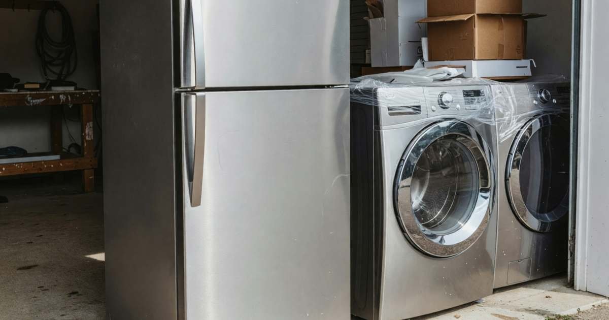 A new stainless refrigerator, washer and dryer still in plastic wrap on a garage floor, illustrating appliance rebates by province in Canada.