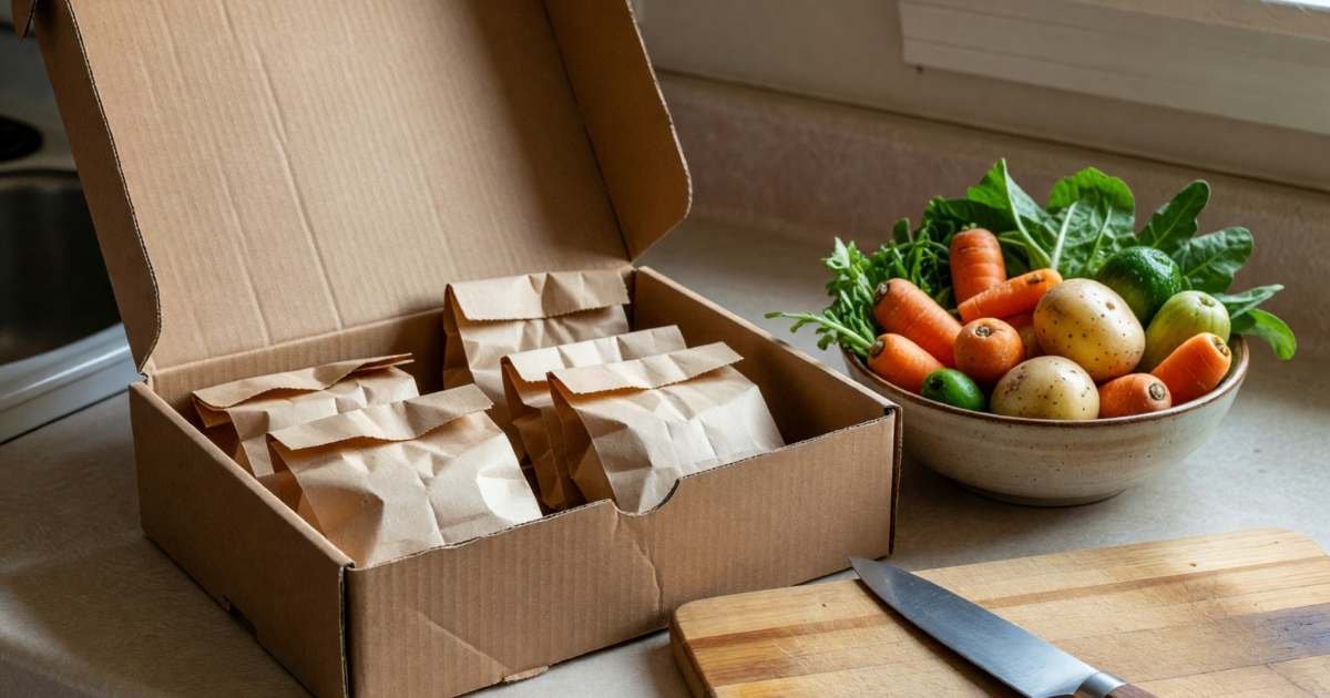 An opened plain cardboard meal-kit box on a kitchen counter with small portioned ingredients in paper bags next to a bowl of loose vegetables bought separately, illustrating whether meal-kit trials are cheaper than groceries in Canada.