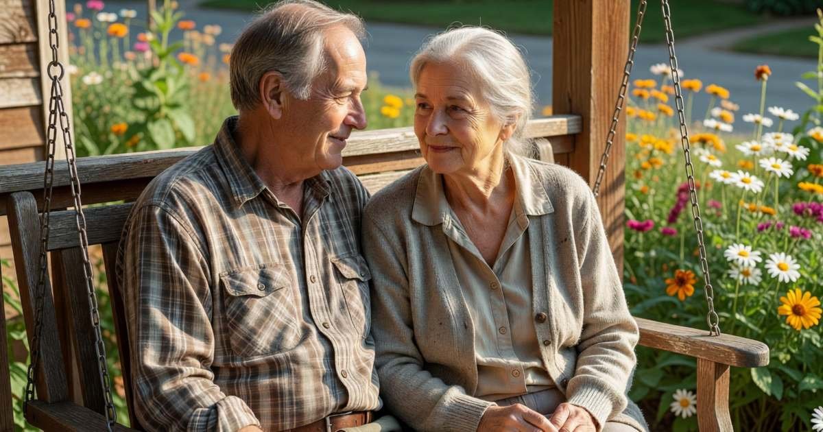 An older couple sitting on a porch swing talking quietly, the woman holding a closed folder, illustrating Assuris protection for life and health policies in Canada.