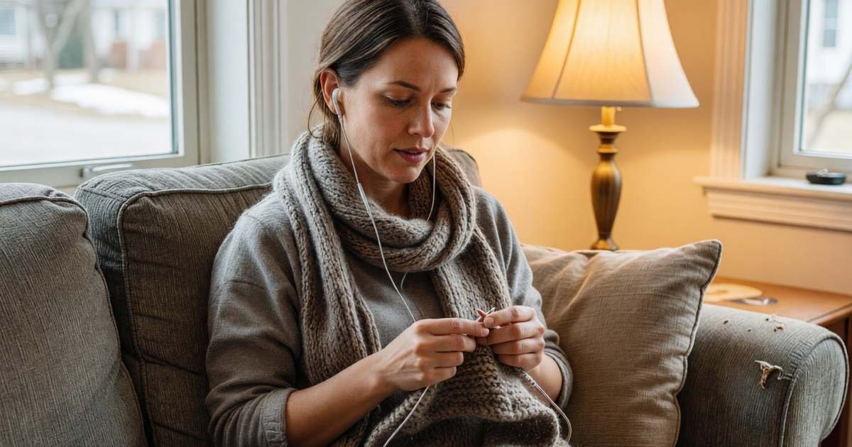 A woman listening to an audiobook with earbuds while knitting on her sofa, illustrating Audible versus Kobo Plus versus Libby.