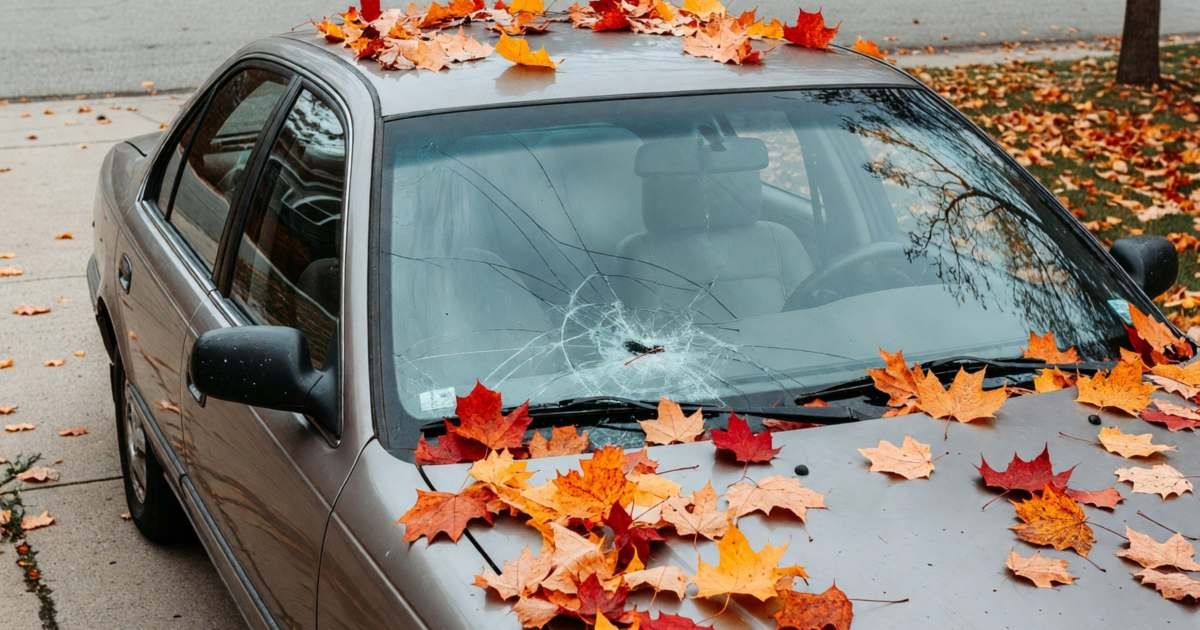A car with a cracked windshield parked in a driveway, illustrating how long an auto claim affects your premium in Canada.
