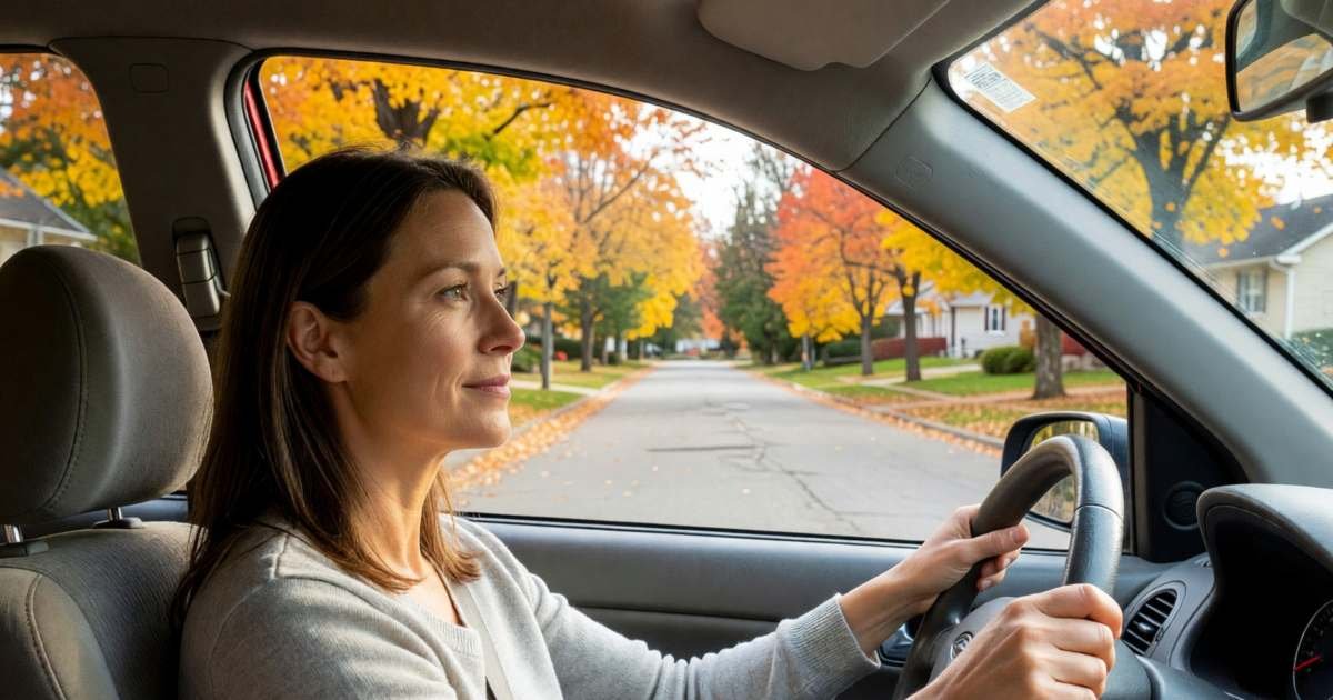 A woman in her forties driving a compact car calmly on a suburban road, seen from the passenger seat, illustrating usage-based and telematics auto insurance discounts in Canada.