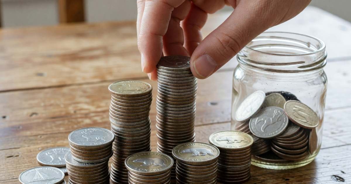Close-up of a hand stacking loonies and toonies into neat columns on a wooden table, illustrating automating TFSA contributions in Canada.