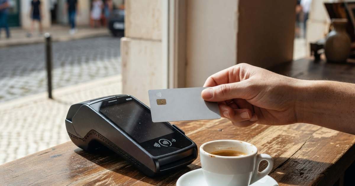 A hand holding a contactless card over a payment terminal at a café counter abroad, illustrating always choosing local currency to avoid dynamic currency conversion.