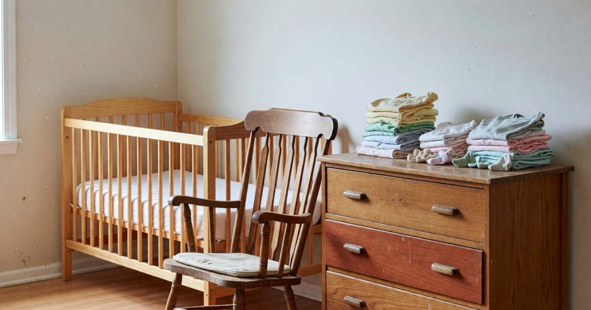 A simple nursery with a crib, a secondhand dresser and a rocking chair, illustrating the first-year cost of a baby in Canada.
